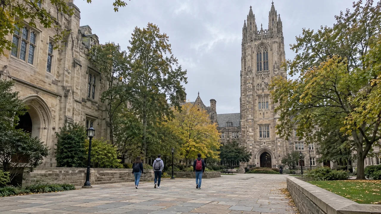 Campus-inspired illustration of a Gothic courtyard with students walking to class.